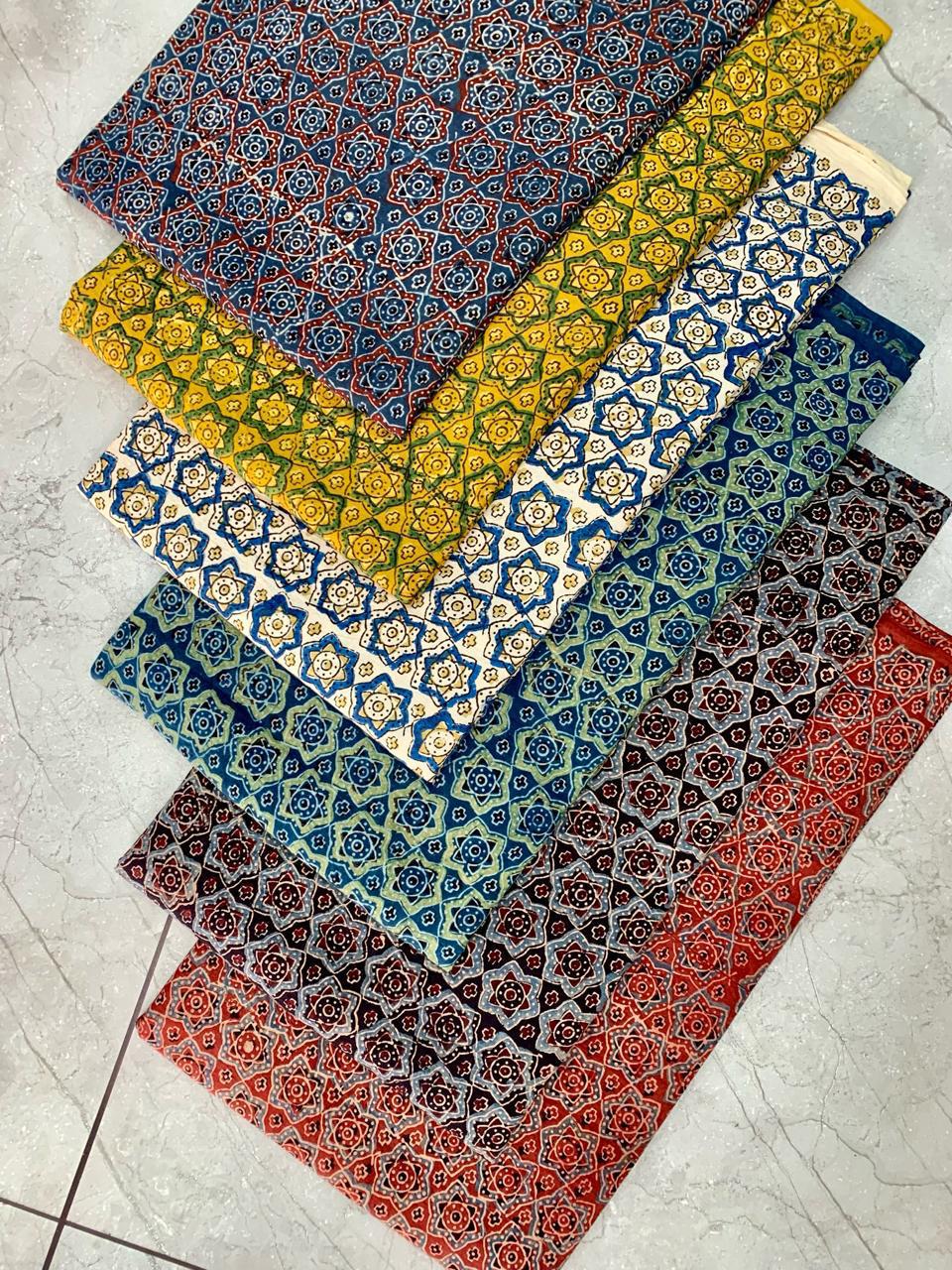 Ajrakh pure cotton handblock printed fabric in indigo stripes with multicolour detailing